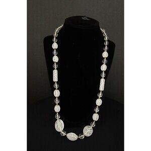 Vtg Lucite Beaded Necklace White Clear & Carved Frosted Beads Necklace 26" Long
